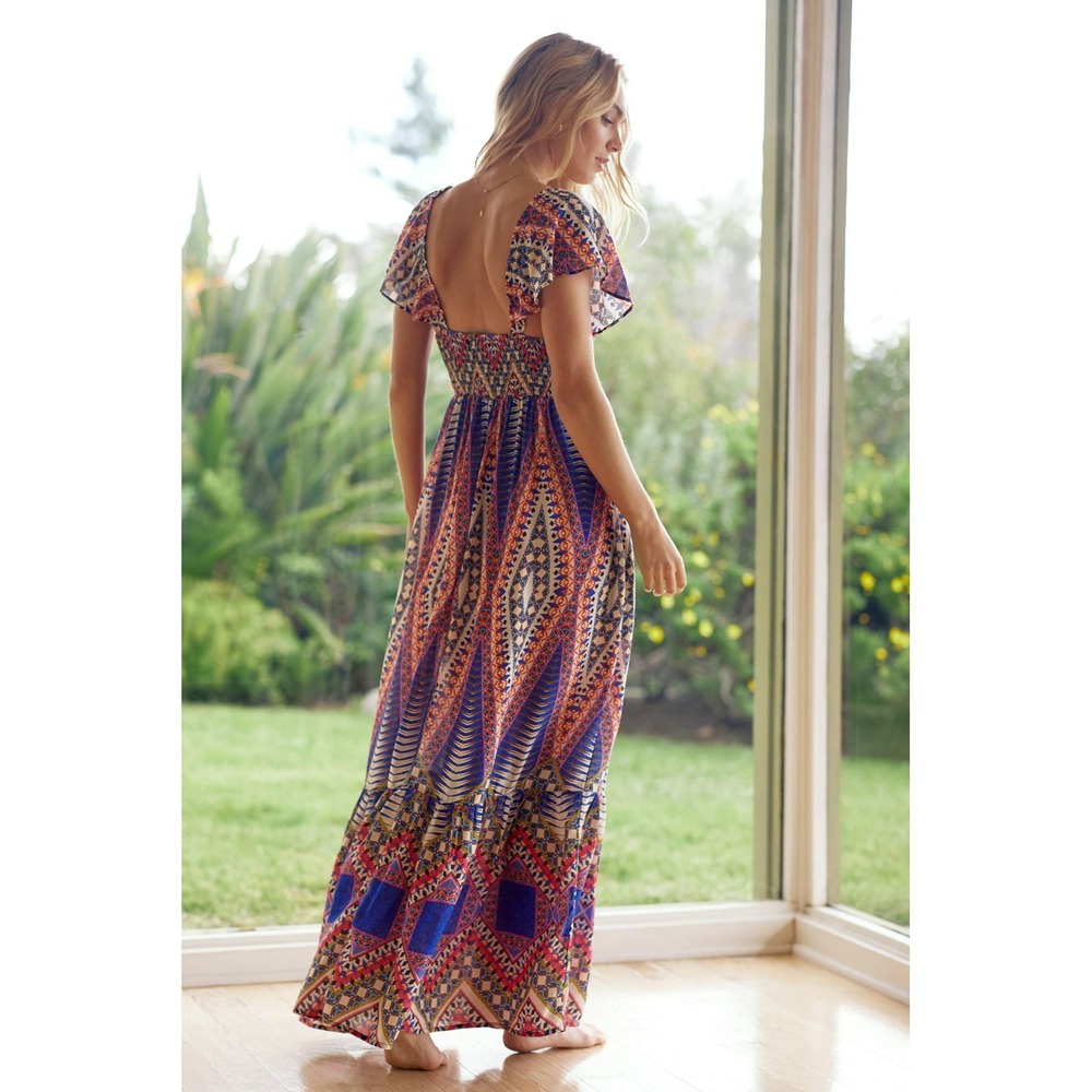 Anthropologie Smocked Maxi Dress Boho Geometric Print Flutter Sleeve Pearl L - Picture 2 of 4